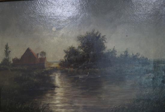 19th century English school, oil on canvas, Moonlit landscape with figure in a rowing boat, 22 x 32cm